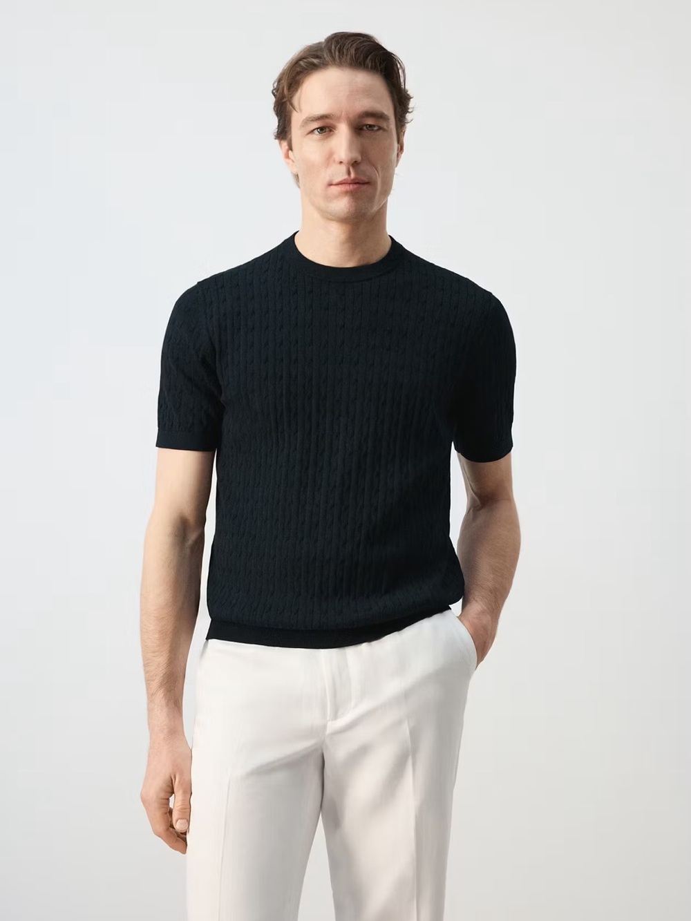 MANGO CABLE KNIT T-SHIRT 100% COTTON NAVY BLUE